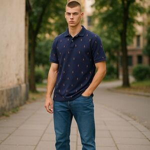 POLO RALPH LAUREN VTG Navy Blue All Over Pony Embroidered Short Sleeve Polo SZ L